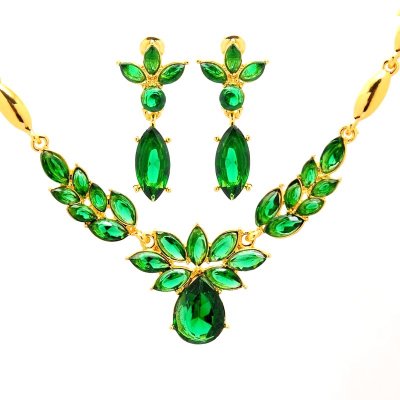 Parure Bijoux Cristal Vert Emeraude PlaquÃ©e Or Jaune