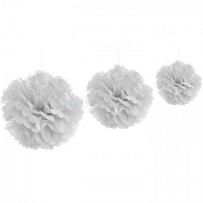 Pompons de mariage  - 3 boules pompons fleurs de papier de soie blanc assorties ... : illustration