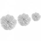 3 boules pompons fleurs de papier de soie blanc assorties 20, 30, 40 cm