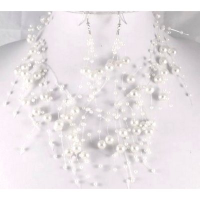 Parures de mariage en perles  - Parure Bijoux Mariage Perles Flottante Blanche : illustration