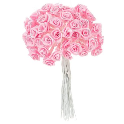 Dco de table Baptme  - 24 Mini Roses ourles sur tige en satin rose : illustration