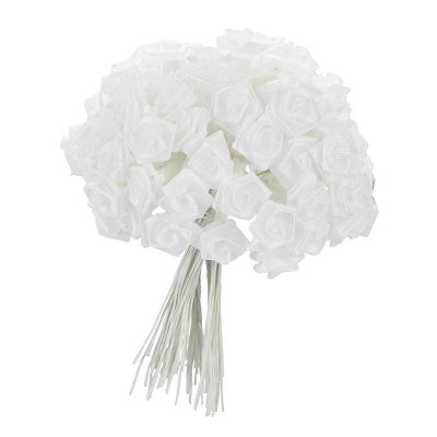 Dcoration de Fte, Anniversaire, Mariage, Baptme  - 24 Mini Roses ourles sur tige en satin blanc : illustration