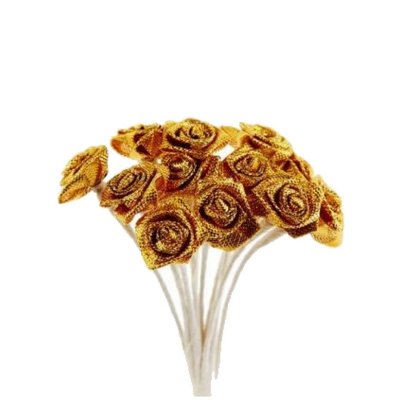 Dco de table Baptme  - 24 Mini Roses ourles sur tige en tissu or : illustration
