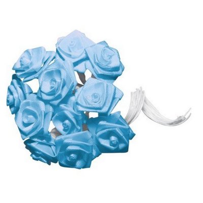 Decoration Mariage  - 24 Mini Roses ourles sur tige en satin bleu ciel : illustration
