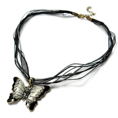 Colliers et pendentifs Mariage  - Pendentif mtal argent papillon mail noir cristal  : illustration