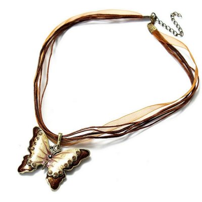 Colliers et pendentifs Mariage  - Pendentif papillon mtal argent mail marron cristal ... : illustration