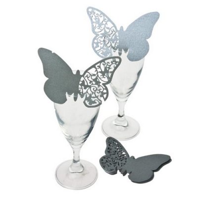 Papillons dcoration mariage  - Marque-place Papillon Dentelle Argent (lot de 10) : illustration