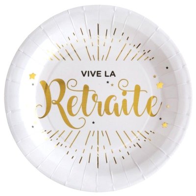 Vaisselle Jetable  - Assiettes Vive la Retraite Blanc et Or (lot de 10) : illustration