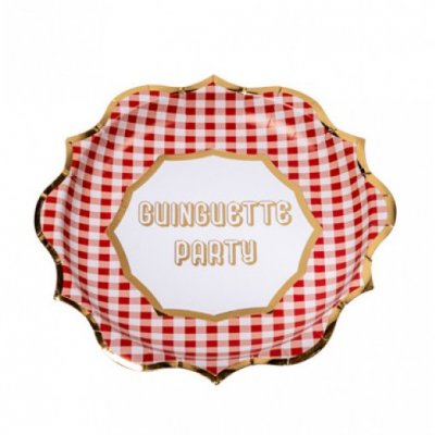 Assiettes jetables  - 8 assiettes en carton Guinguette vichy rouge et or : illustration