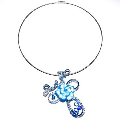 Parures de mariage en perles  - Collier Bijoux Artisanal Ton Argent Fleur Bleue / ... : illustration