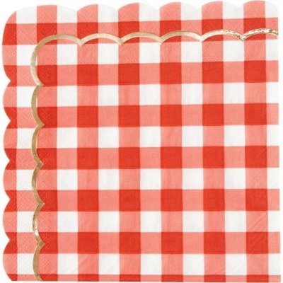 Mariage thme gypsy  - 16 serviettes festonnes vichy rouge, blanc et or ... : illustration