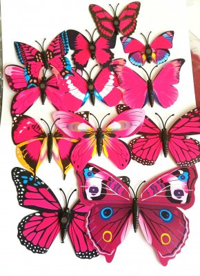 Dcoration de Fte, Anniversaire, Mariage, Baptme  - Papillons Magnet Multicolore 3D Rose Fushia x 12 : illustration