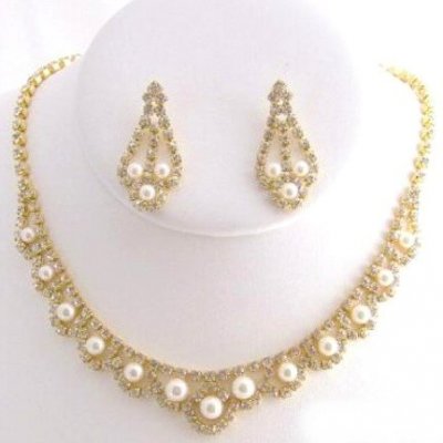 Parures de mariage en perles  - Parure de Bijoux Mariage Ton or et Perle 