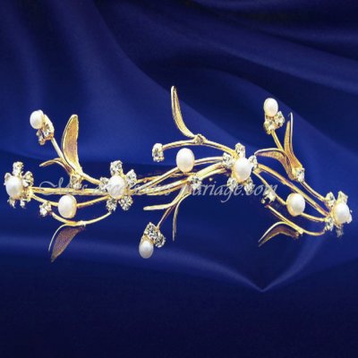 Bijoux de Mariage  - Peigne Mariage Dor Zirconium Clair Perle 