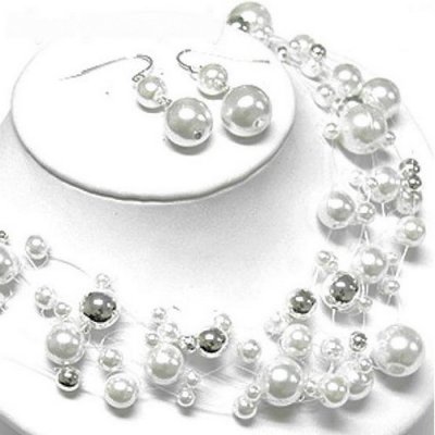 Parures de mariage en perles  - Parure Bijoux Mariage Collier Perle Blanche et Argent  : illustration
