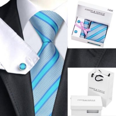 Bijoux et accessoires mariage Homme  - Cravate Boutons de Manchette Pochette Bleu / Argent  : illustration