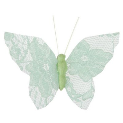 Dco de table Communion  - 4 papillons en dentelle vert menthe sur pince : illustration