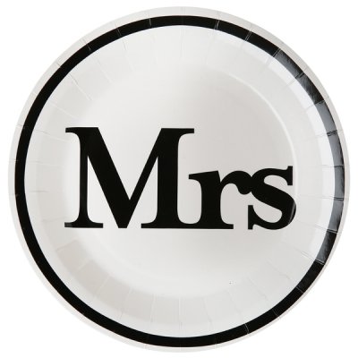 Mariage thme Mr & Mrs  - Assiettes blanches en carton Mrs (Madame) : illustration