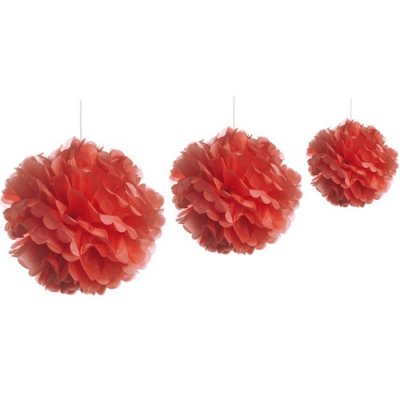 Pompons de mariage  - 3 Boules pompons fleurs papier de soie assorties rouge ... : illustration
