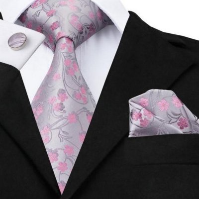 Cravates mariage  - Cravate Boutons de Manchette Pochette Rose / Argent  : illustration