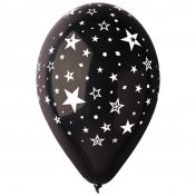 10 Ballons Mariage Noir " Étoiles  Blanches " Diam 30 cm